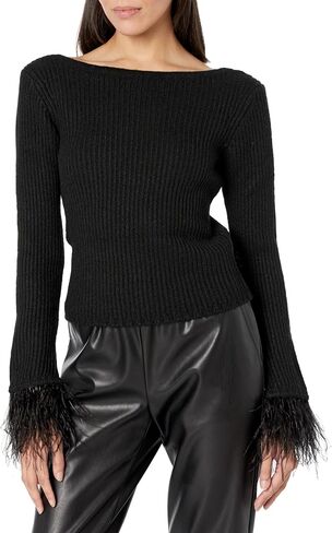 BCBGMAXAZRIA Women's Boat Neck Long Sleeve Feather Cuff Sweater Top in Saudi Arabia