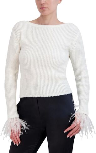BCBGMAXAZRIA Women's Boat Neck Long Sleeve Feather Cuff Sweater Top in Saudi Arabia