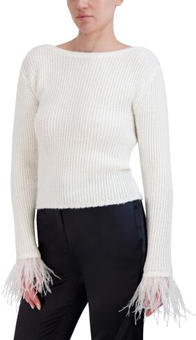 BCBGMAXAZRIA Women's Boat Neck Long Sleeve Feather Cuff Sweater Top in Saudi Arabia