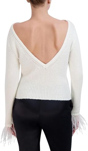 BCBGMAXAZRIA Women's Boat Neck Long Sleeve Feather Cuff Sweater Top in Saudi Arabia