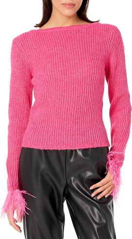 BCBGMAXAZRIA Women's Boat Neck Long Sleeve Feather Cuff Sweater Top in Saudi Arabia