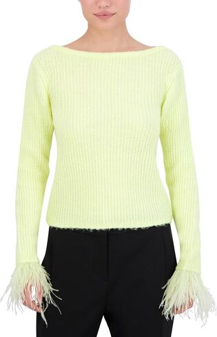 BCBGMAXAZRIA Women's Boat Neck Long Sleeve Feather Cuff Sweater Top in Saudi Arabia