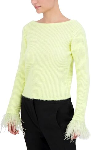 BCBGMAXAZRIA Women's Boat Neck Long Sleeve Feather Cuff Sweater Top in Saudi Arabia