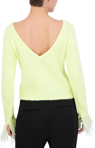 BCBGMAXAZRIA Women's Boat Neck Long Sleeve Feather Cuff Sweater Top in Saudi Arabia