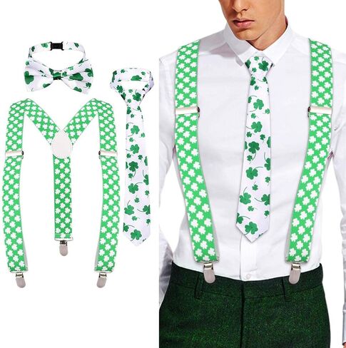 Eyret Shamrock Suspender Set Irish Adjustable Bowtie and Necktie Festival St Patrick Suspenders for Men and Women, Green, 3.5*100cm in Kuwait