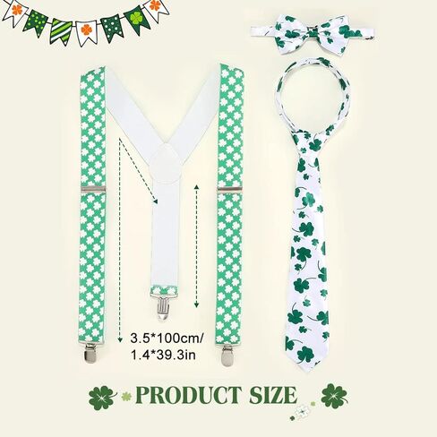 Eyret Shamrock Suspender Set Irish Adjustable Bowtie and Necktie Festival St Patrick Suspenders for Men and Women, Green, 3.5*100cm in Kuwait