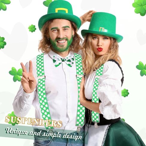 Eyret Shamrock Suspender Set Irish Adjustable Bowtie and Necktie Festival St Patrick Suspenders for Men and Women, Green, 3.5*100cm in Kuwait