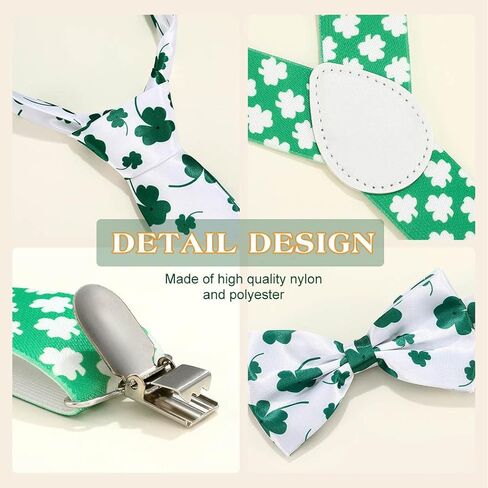 Eyret Shamrock Suspender Set Irish Adjustable Bowtie and Necktie Festival St Patrick Suspenders for Men and Women, Green, 3.5*100cm in Kuwait