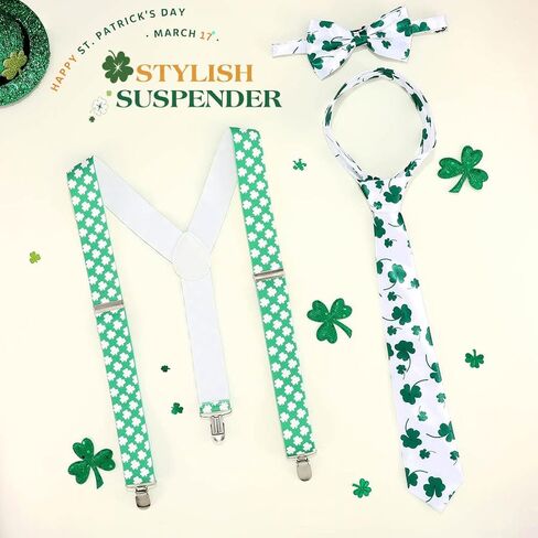 Eyret Shamrock Suspender Set Irish Adjustable Bowtie and Necktie Festival St Patrick Suspenders for Men and Women, Green, 3.5*100cm in Kuwait