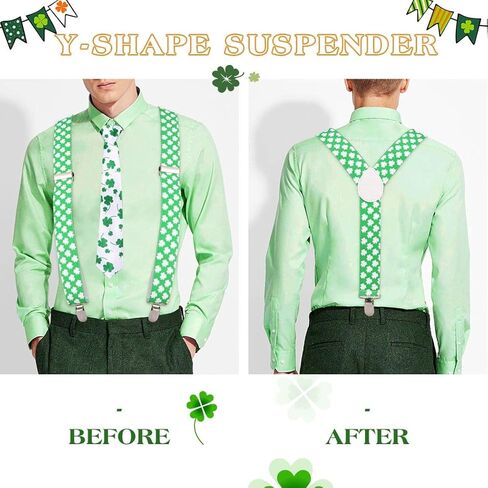 Eyret Shamrock Suspender Set Irish Adjustable Bowtie and Necktie Festival St Patrick Suspenders for Men and Women, Green, 3.5*100cm in Kuwait