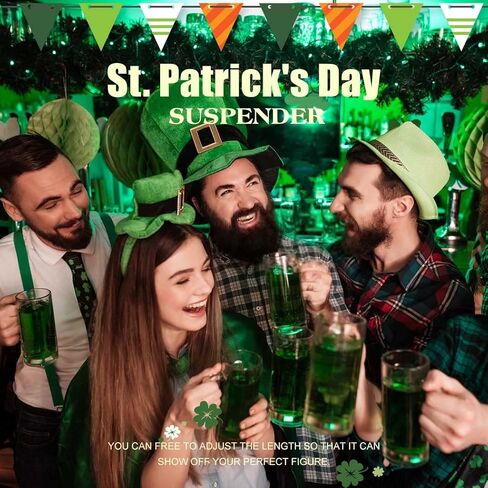 Eyret Shamrock Suspender Set Irish Adjustable Bowtie and Necktie Festival St Patrick Suspenders for Men and Women, Green, 3.5*100cm in Kuwait