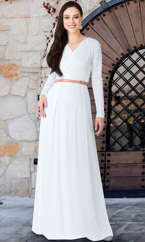 KOH KOH Womens Long V-Neck Full Sleeve Semi Formal Flowy Evening Cute Maxi Dress in Kuwait
