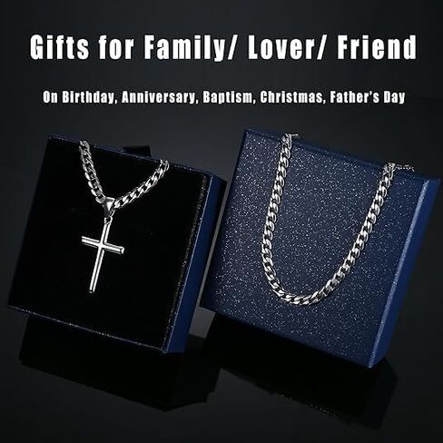 BESTEEL 925 Sterling Silver Cross Necklace for Men Women 5mm Big Beveled Edge Men's Stainless Steel Diamond Cut Durable Cuban Link Chain Curb Chain Crucifix Cross Pendant Necklace Jewelry Gifts 16-30 Inches in Kuwait