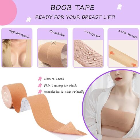 HieerBus Boob Tape Kit Breast Lift Tape, 2"/16.4ft Body Tape with Nipple Covers, Clothing & Body Tape, Bob Tape for Large Breasts A-G Cup Push up & Shape in Kuwait