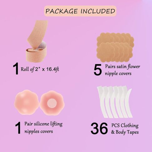 HieerBus Boob Tape Kit Breast Lift Tape, 2"/16.4ft Body Tape with Nipple Covers, Clothing & Body Tape, Bob Tape for Large Breasts A-G Cup Push up & Shape in Kuwait