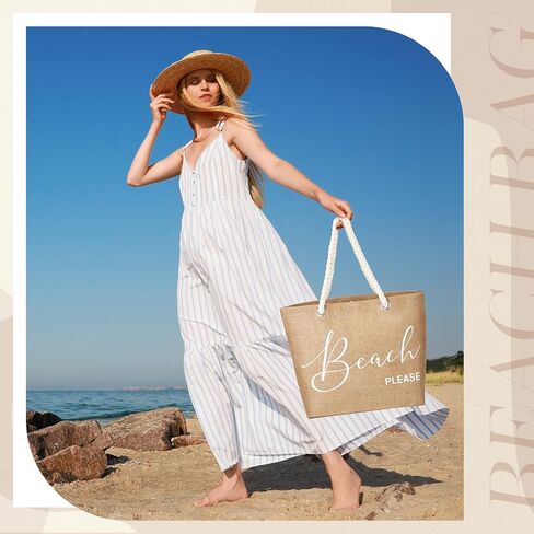 Huhumy Jute Beach Tote Bag Large Beach Shoulder Bag with Cotton Handles Waterproof Handbag for Women Travel Holiday Sea Summer Trip Picnic Shopping Grocery in Saudi Arabia