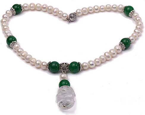 JYX لؤلؤة قلادة 7-9 ملم المياه العذبة المستزرعة الأبيض لؤلؤة قلادة و 12 ملم خرز اليشم الماليزي مع قلادة الكريستال الأبيض 18 بوصة, 7-9mm, لؤلؤة, لؤلؤ in Kuwait