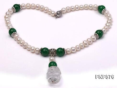 JYX لؤلؤة قلادة 7-9 ملم المياه العذبة المستزرعة الأبيض لؤلؤة قلادة و 12 ملم خرز اليشم الماليزي مع قلادة الكريستال الأبيض 18 بوصة, 7-9mm, لؤلؤة, لؤلؤ in Kuwait