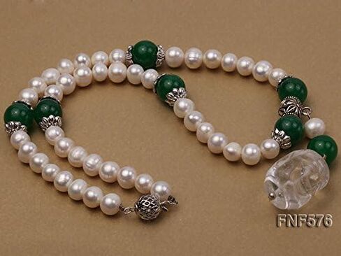 JYX لؤلؤة قلادة 7-9 ملم المياه العذبة المستزرعة الأبيض لؤلؤة قلادة و 12 ملم خرز اليشم الماليزي مع قلادة الكريستال الأبيض 18 بوصة, 7-9mm, لؤلؤة, لؤلؤ in Kuwait