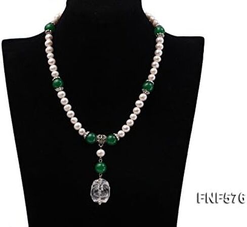 JYX لؤلؤة قلادة 7-9 ملم المياه العذبة المستزرعة الأبيض لؤلؤة قلادة و 12 ملم خرز اليشم الماليزي مع قلادة الكريستال الأبيض 18 بوصة, 7-9mm, لؤلؤة, لؤلؤ in Kuwait