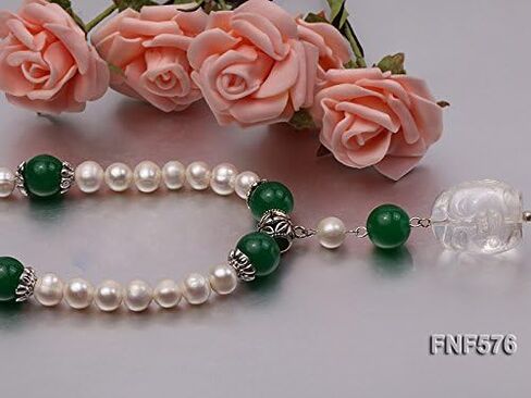 JYX لؤلؤة قلادة 7-9 ملم المياه العذبة المستزرعة الأبيض لؤلؤة قلادة و 12 ملم خرز اليشم الماليزي مع قلادة الكريستال الأبيض 18 بوصة, 7-9mm, لؤلؤة, لؤلؤ in Kuwait