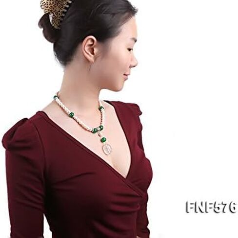 JYX لؤلؤة قلادة 7-9 ملم المياه العذبة المستزرعة الأبيض لؤلؤة قلادة و 12 ملم خرز اليشم الماليزي مع قلادة الكريستال الأبيض 18 بوصة, 7-9mm, لؤلؤة, لؤلؤ in Kuwait