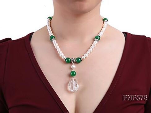 JYX لؤلؤة قلادة 7-9 ملم المياه العذبة المستزرعة الأبيض لؤلؤة قلادة و 12 ملم خرز اليشم الماليزي مع قلادة الكريستال الأبيض 18 بوصة, 7-9mm, لؤلؤة, لؤلؤ in Kuwait