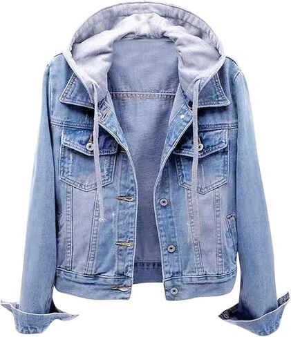 Women's Jean Buttons Ripped Denim Jackets Coats with Detachable Hood,Sherpa Fleece Linings And regular Jackets in Saudi Arabia
