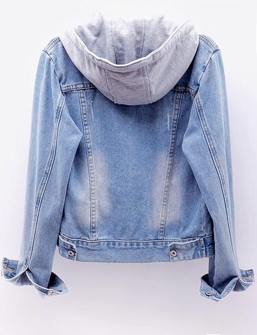 Women's Jean Buttons Ripped Denim Jackets Coats with Detachable Hood,Sherpa Fleece Linings And regular Jackets in Saudi Arabia