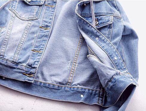 Women's Jean Buttons Ripped Denim Jackets Coats with Detachable Hood,Sherpa Fleece Linings And regular Jackets in Saudi Arabia