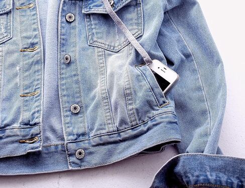 Women's Jean Buttons Ripped Denim Jackets Coats with Detachable Hood,Sherpa Fleece Linings And regular Jackets in Saudi Arabia
