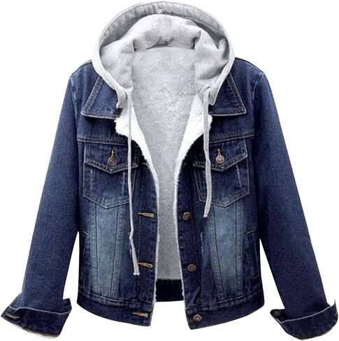 Women's Jean Buttons Ripped Denim Jackets Coats with Detachable Hood,Sherpa Fleece Linings And regular Jackets in Saudi Arabia