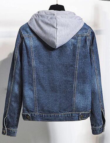 Women's Jean Buttons Ripped Denim Jackets Coats with Detachable Hood,Sherpa Fleece Linings And regular Jackets in Saudi Arabia