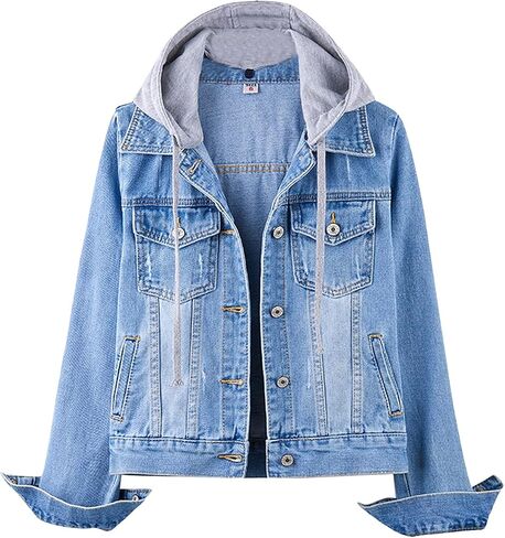 Women's Jean Buttons Ripped Denim Jackets Coats with Detachable Hood,Sherpa Fleece Linings And regular Jackets in Saudi Arabia
