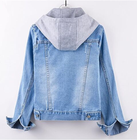 Women's Jean Buttons Ripped Denim Jackets Coats with Detachable Hood,Sherpa Fleece Linings And regular Jackets in Saudi Arabia