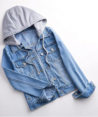 Women's Jean Buttons Ripped Denim Jackets Coats with Detachable Hood,Sherpa Fleece Linings And regular Jackets in Saudi Arabia