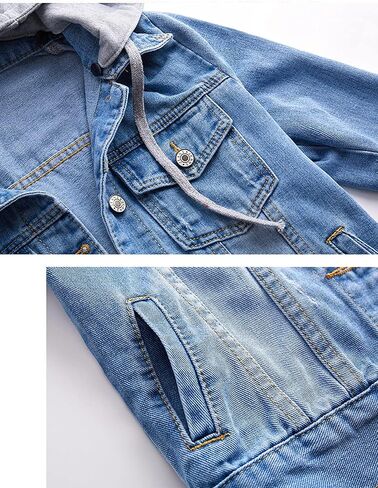 Women's Jean Buttons Ripped Denim Jackets Coats with Detachable Hood,Sherpa Fleece Linings And regular Jackets in Saudi Arabia