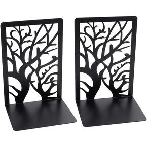 Heavy Duty Metal Book Ends - Creative Tree Shape Design Bookends for Shelves, Black Decorative Book Ends, Book Shelf Holder, Non Skid Book Stoppers Supports Book Divider (2Pair)