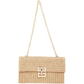 Straw Clutch Purses, Summer Beach Straw Clutch Handbag with Chain Straw Tote Shoulder Bag Envelope Clutch for Women Boho Style Straw Wallet for Wedding Party