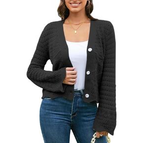 V FOR CITY Womens Cropped Cardigan Sweaters Crochet Cardigans Bell Sleeve Knit Bolero Shrug V Neck Open Front Sweater