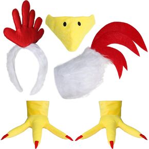Rooster Chicken Costume Accessories -Rooster Comb Headband, Chicken tail, Rooster Beak Nose Mask, Chicken Feet Costume Shoes Covers