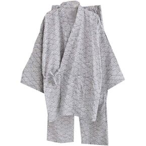 Kimono Japanese Shirt and Pant, Cotton Linen Loungewear Lounge Set Spa Bathrobe, Gray Waves