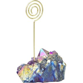 TUMBEELLUWA Rainbow Titanium Coated Rock Crystal Cluster Stone Memo Card Holder, Wedding Name Card Golden Stand Photo Clip Holder for Table Decor, Star Shape