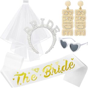5 Pcs Bachelorette Party Decorations Kit Pearl Bride Headband Sash Veil Heart Sunglasses Bride Rhinestone Earrings Bridal Shower Accessories