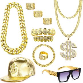 80s 90s Hip Hop Costumes Outfit Kit for Men Women Fake Gold Chain Dollar Sign Cap Grillz Teeth Rapper Accessories Set