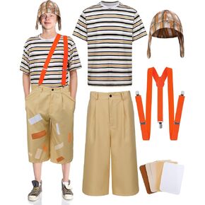 9 Pcs Men's Halloween Costume Outfits Hat Striped T-shirt Pants Suspenders Repair Patch for Cosplay