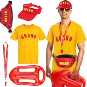 Hiboom 5 Pcs Guard Costume Set Guard T Shirt Guard Pouch Security Hat Inflatable Float Prop Sunglasses Whistle Lanyard
