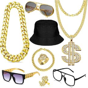 80 90s Hip Hop Outfit Kit for Men Women Rapper Costumes Fake Gold Chain Dollar Ring Sunglasses Accessories
