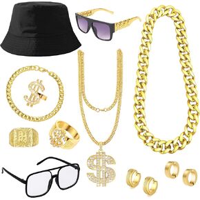 WAINIS 80s 90s Accessories Outfit for Men Hip Hop Costume Kit Old School Rapper Sunglasses Gold Chain Bracelet Dollar Ring