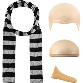 4 Pcs Adults Costume Accessories Set, Black Gray Striped Scarf Fake Nose Latex Bald Head Wig Cap, Cosplay Classic Characters Gru Halloween Party Set